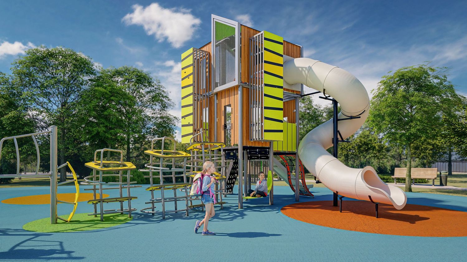 Jeu et équipement de parc. Montage 3D dans Sketchup. Rendu 3D avec D5 Render. Post-production avec Lightroom et IA