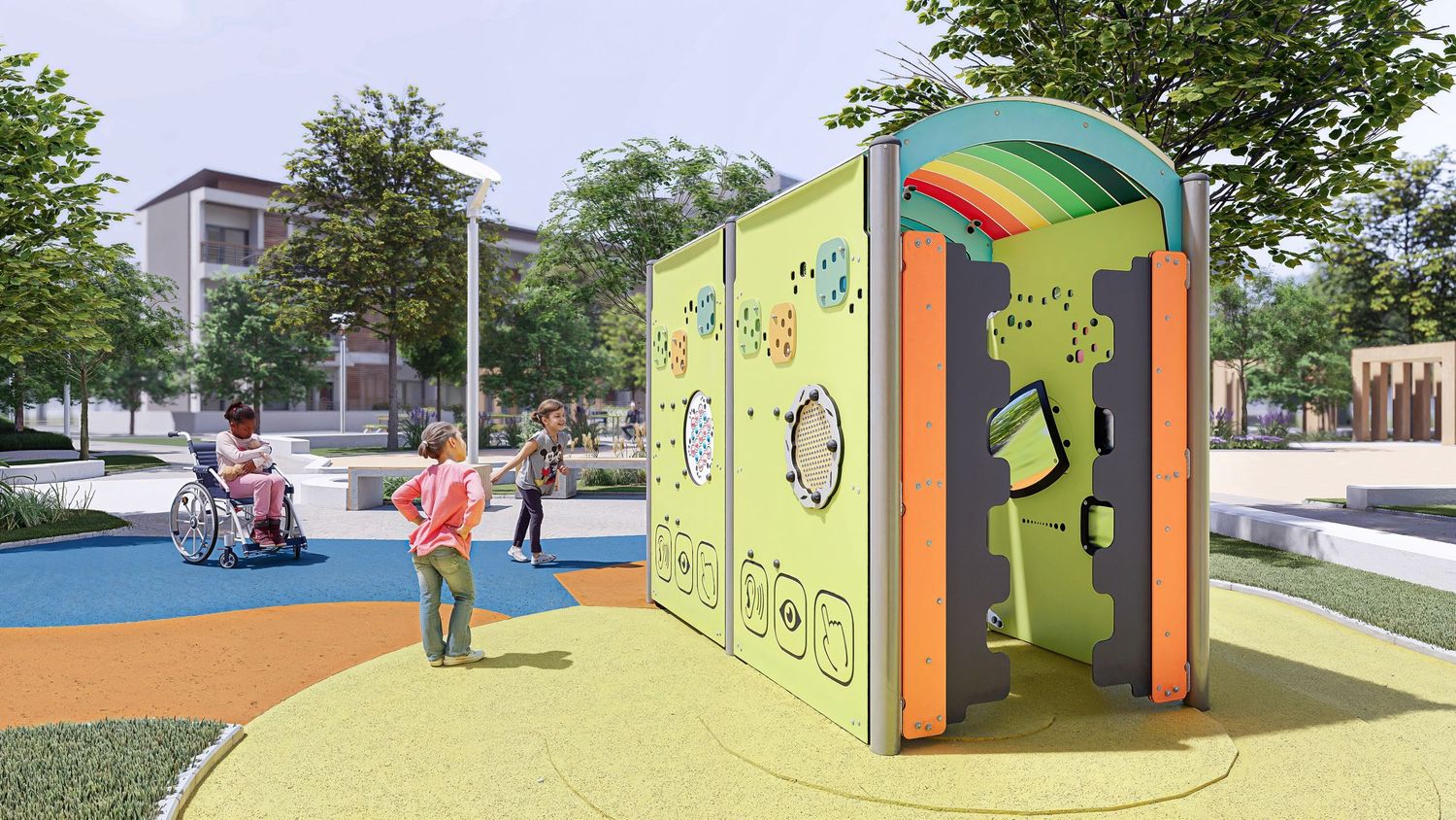 Jeu et équipement de parc. Montage 3D dans Sketchup. Rendu 3D avec D5 Render. Post-production avec Lightroom et IA