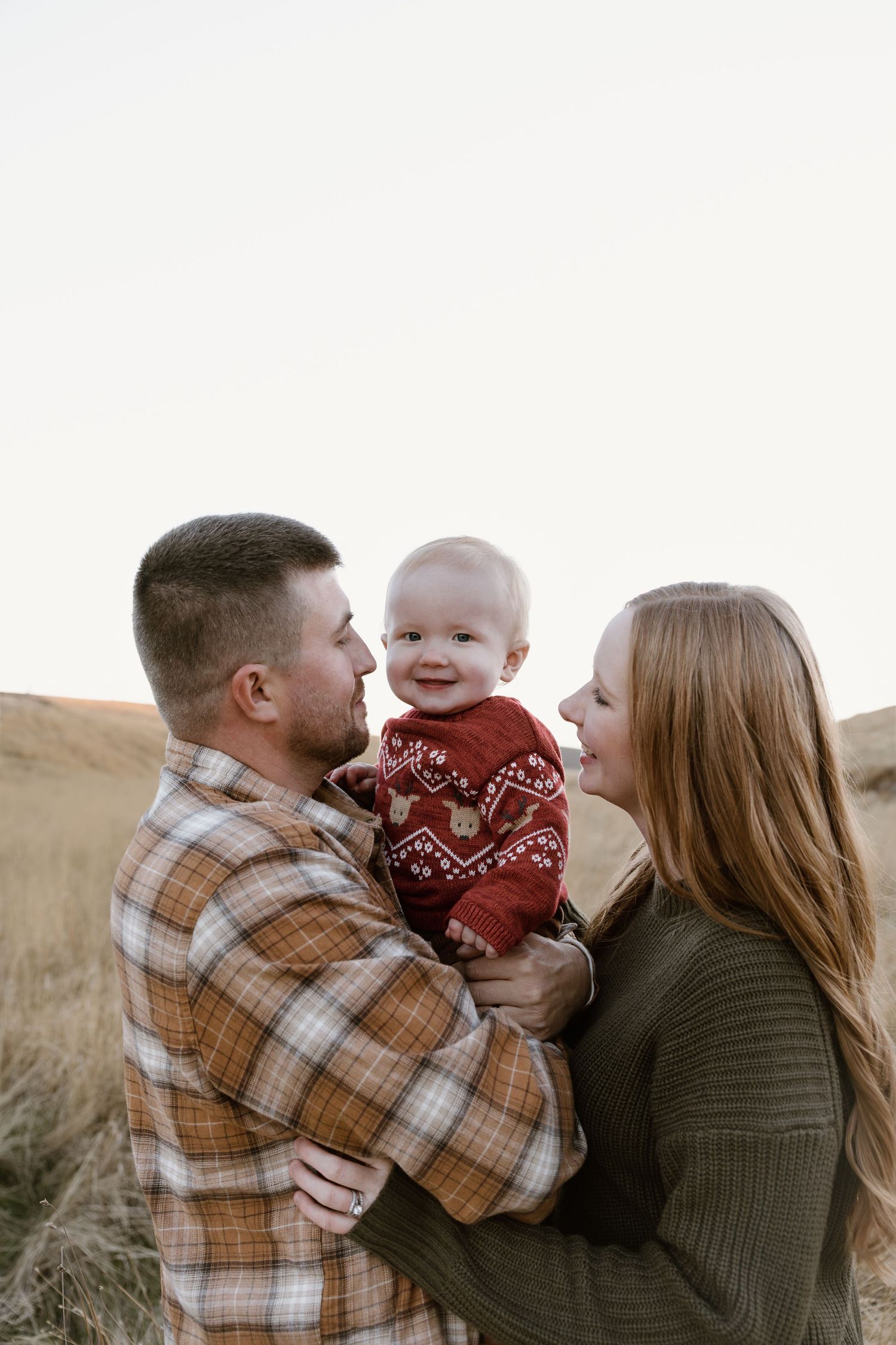 A family shares tender moments together in a field during golden hour wearing cozy sweaters and plaid.