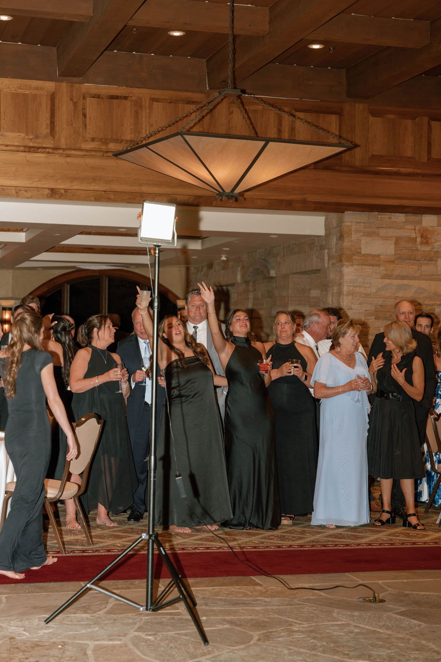Large group of wedding guests lined up for a coordinated dance routine indoors.