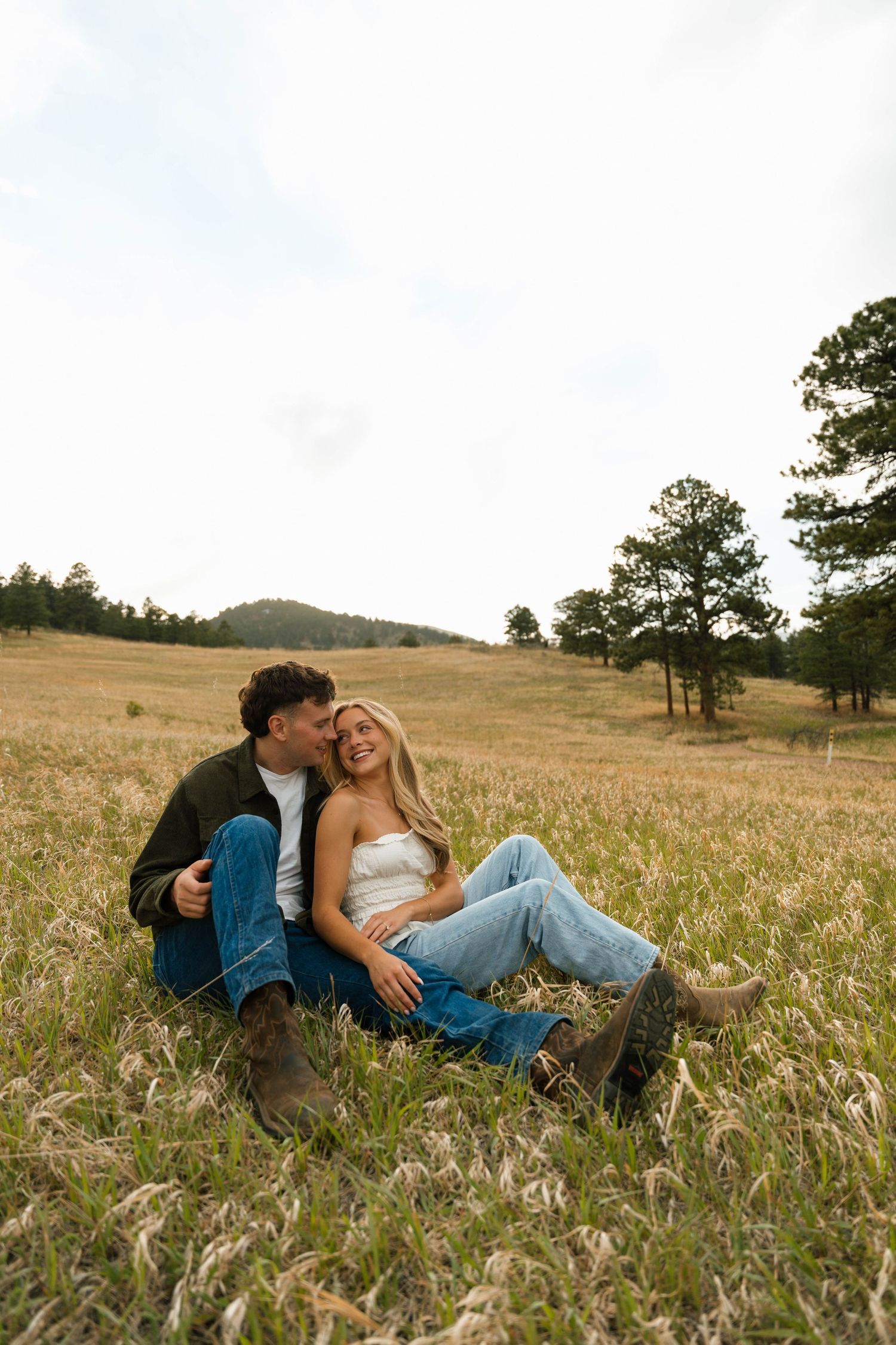 Couple sitting together in a golden meadow, man kissing woman's cheek as she smiles, surrounded by trees.