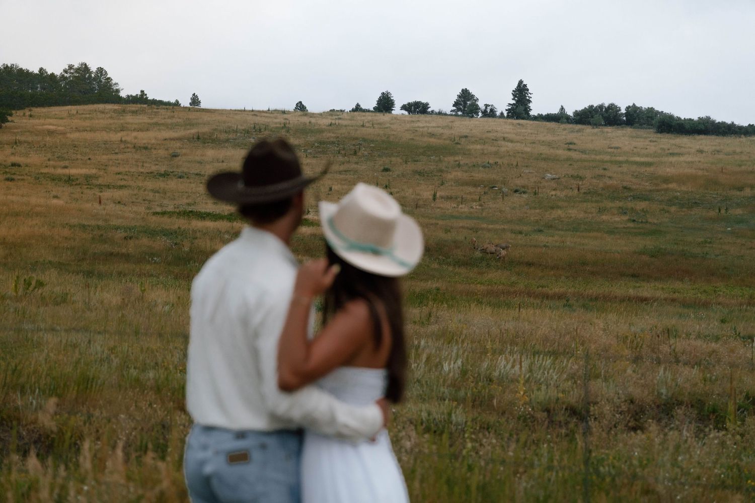 Silhouetted couple in cowboy hats gazing at the mountain landscape together.