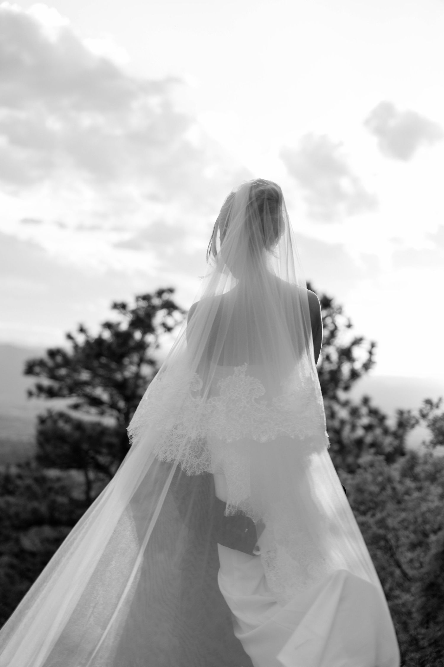 Artistic black and white portrait shows flowing bridal veil against cloudy sky.
