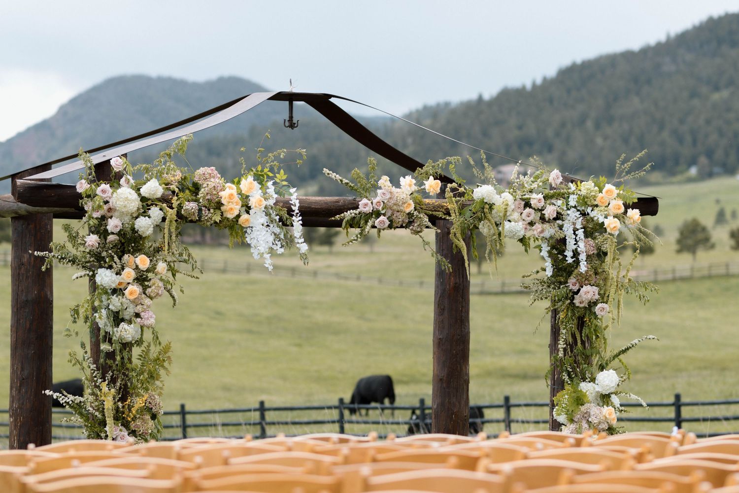 Rustic wooden wedding arch adorned with pastel florals, set against a scenic mountain meadow backdrop.