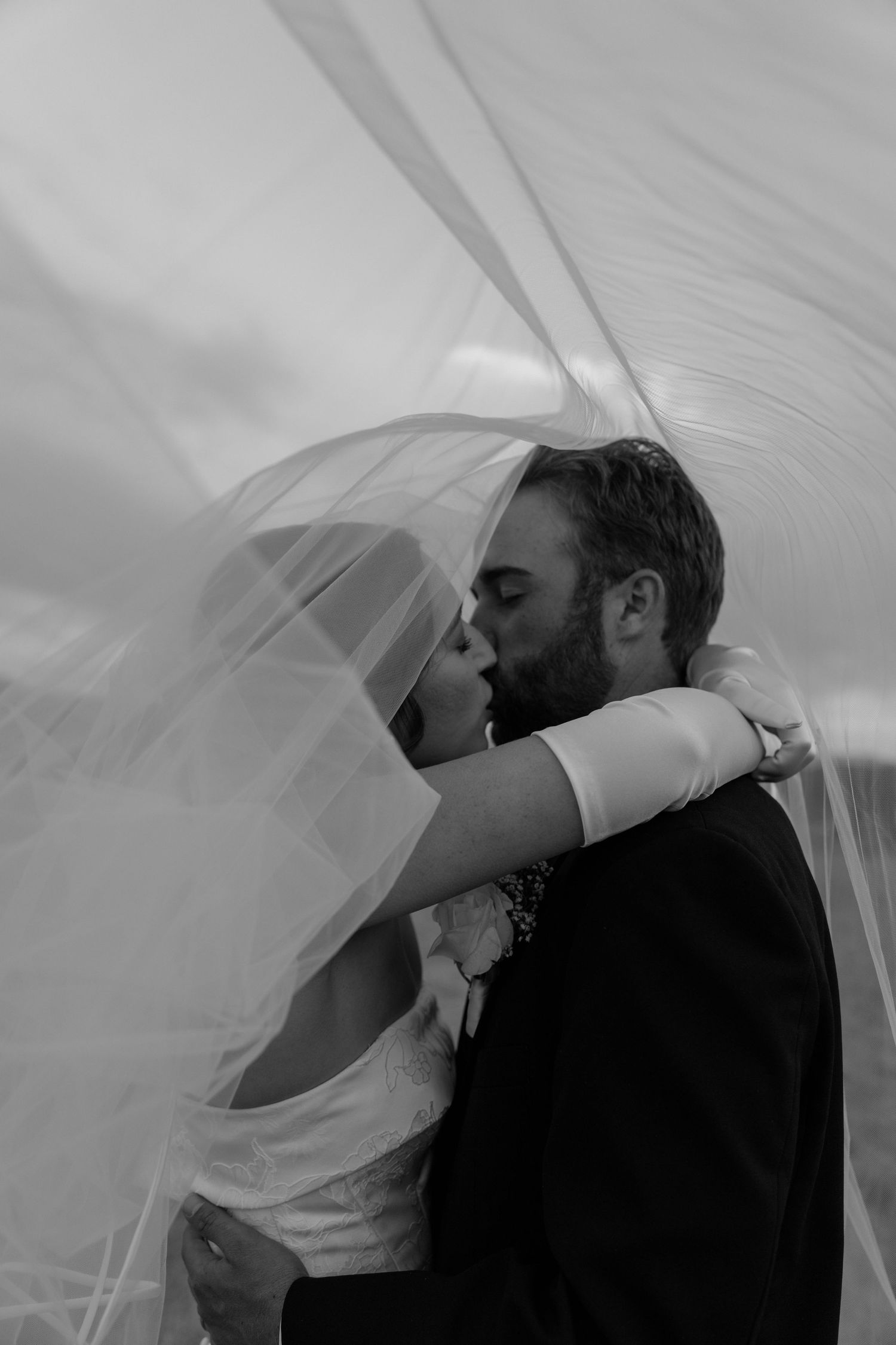 Black and white photo of a bride and groom sharing a kiss under a flowing wedding veil.