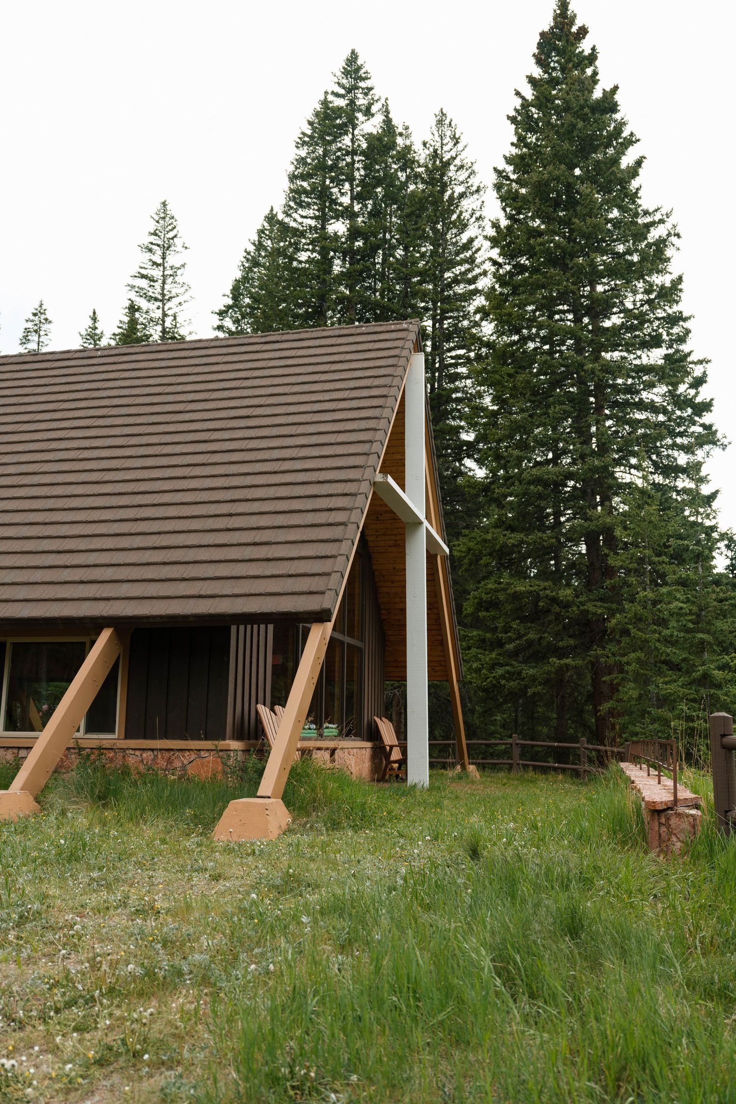 Rustic A-frame cabin surrounded by tall evergreen pine trees in a mountain meadow setting.