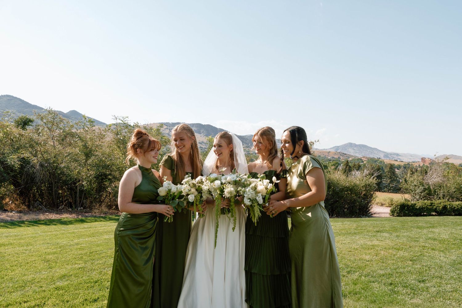 Wedding party poses together on grass with mountains and blue sky in background.
