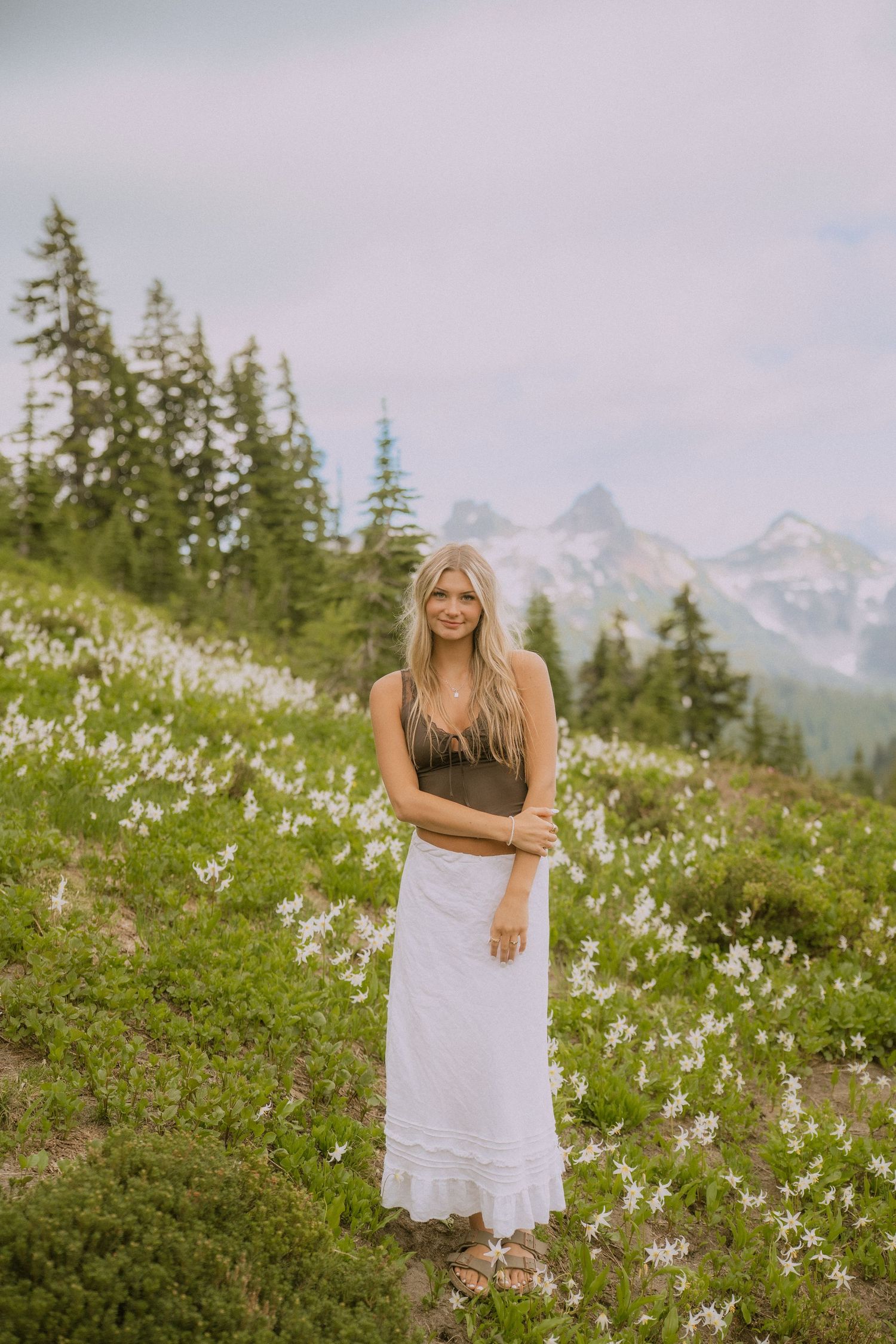 A scenic mountain meadow filled with white wildflowers and evergreen trees under a cloudy sky.
