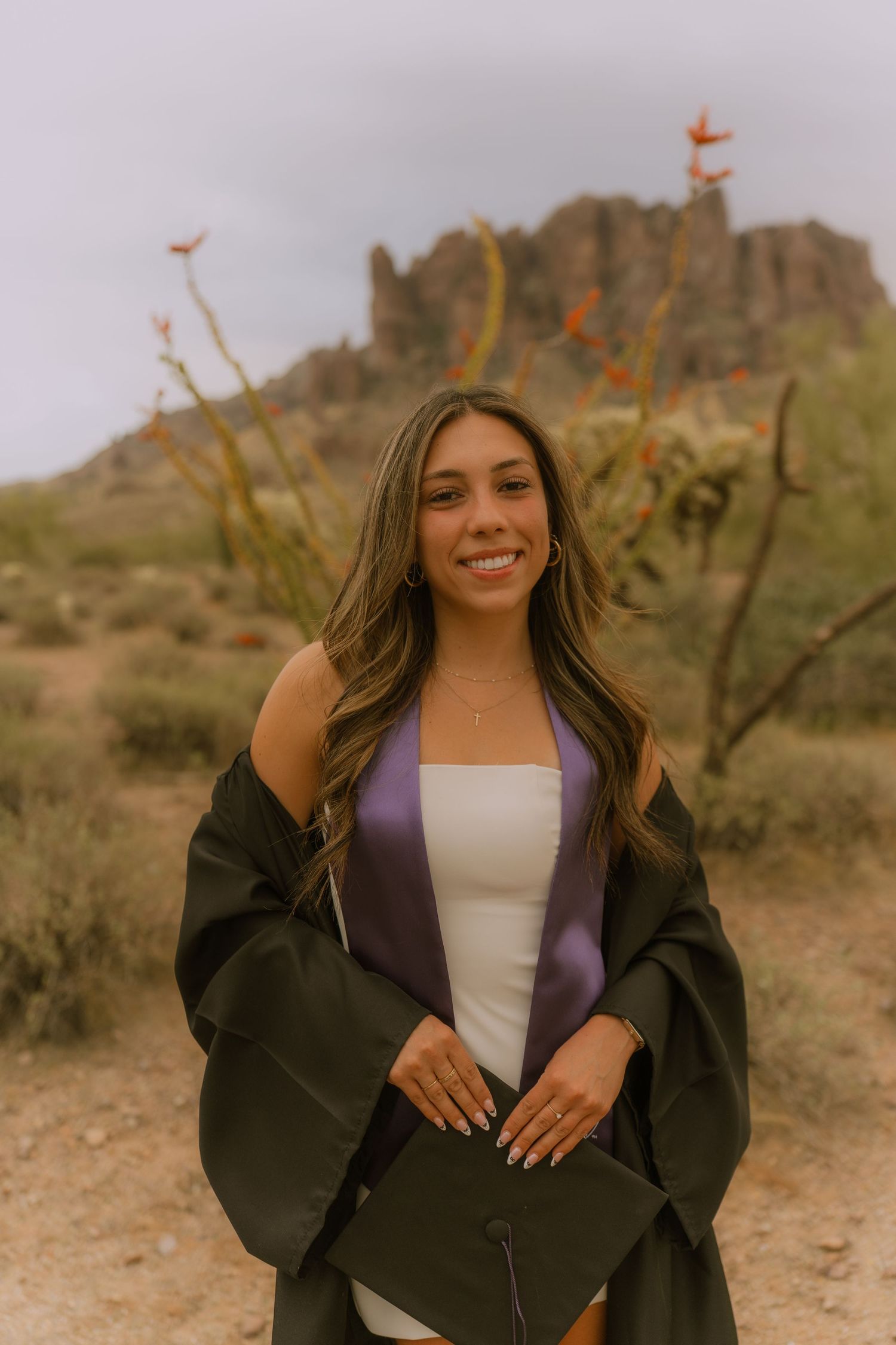 A series of desert graduation photos featuring someone in a black graduation gown against a rugged mountain backdrop.