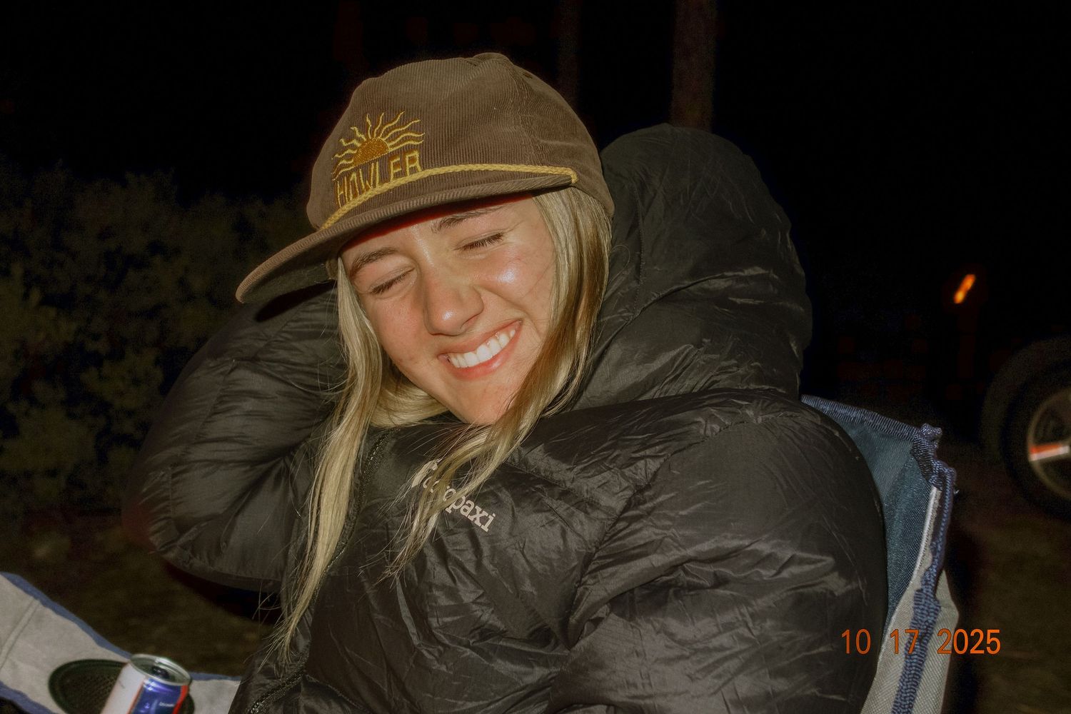 A series of nighttime photos showing people enjoying outdoor camping activities and relaxing by a fire.