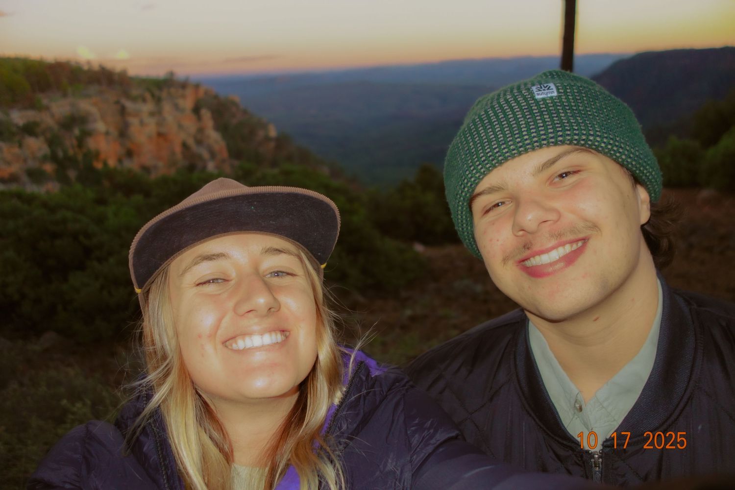 A series of selfie photos taken at sunset showing people smiling and wearing winter hats outdoors.