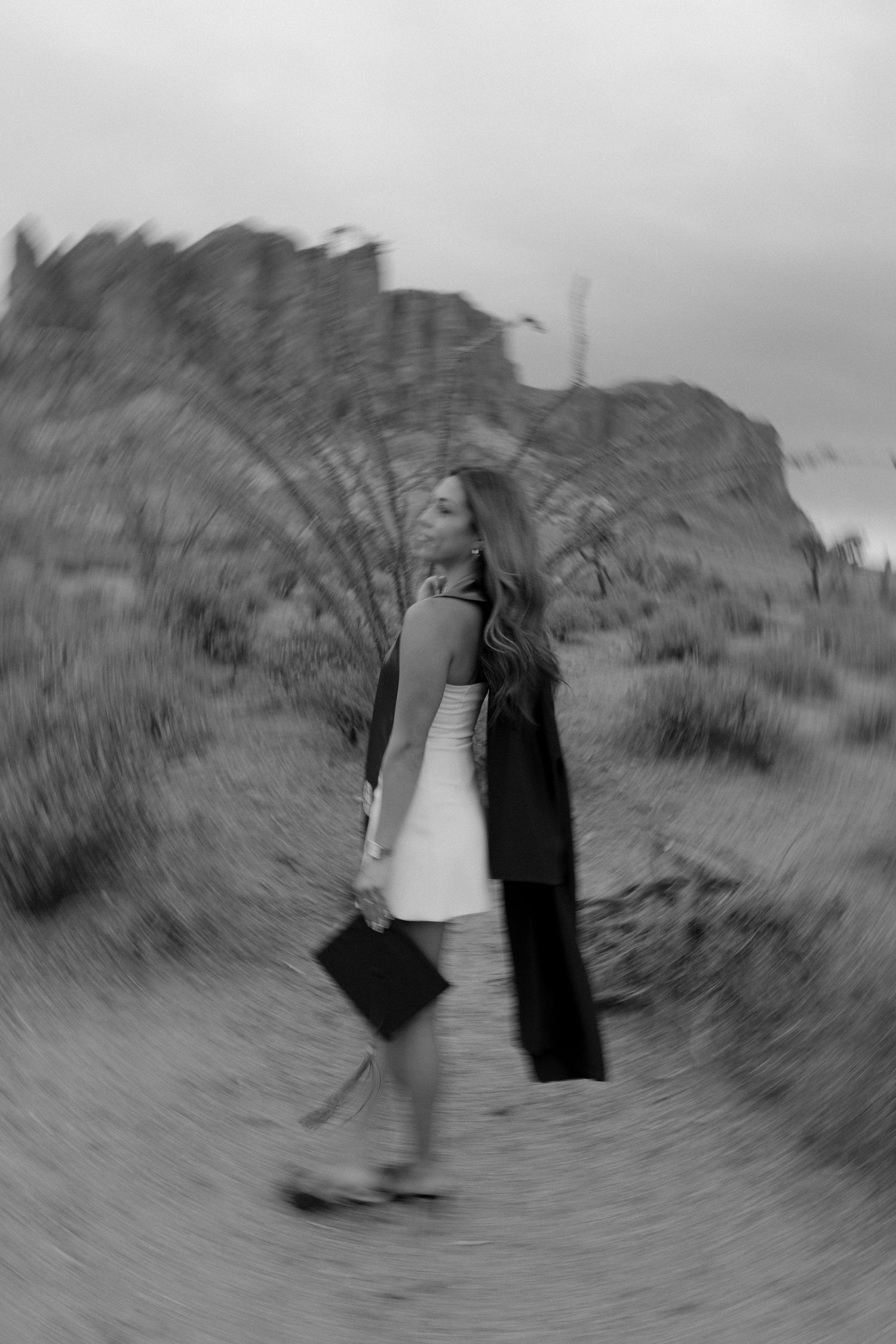 A series of blurred black and white photographs showing two figures spinning in motion against a hazy landscape background.