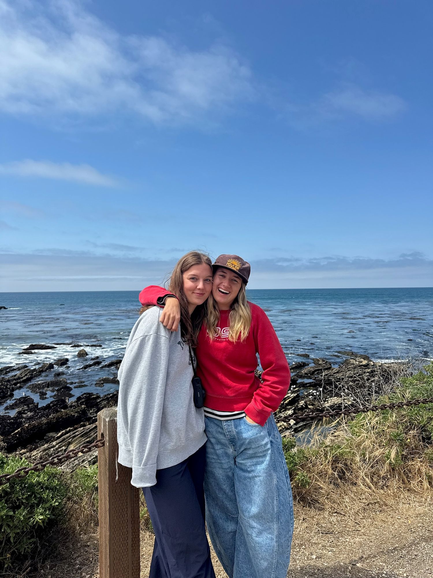 Two people embrace while standing on a coastal path overlooking rocky shores and blue ocean waters on a sunny day.