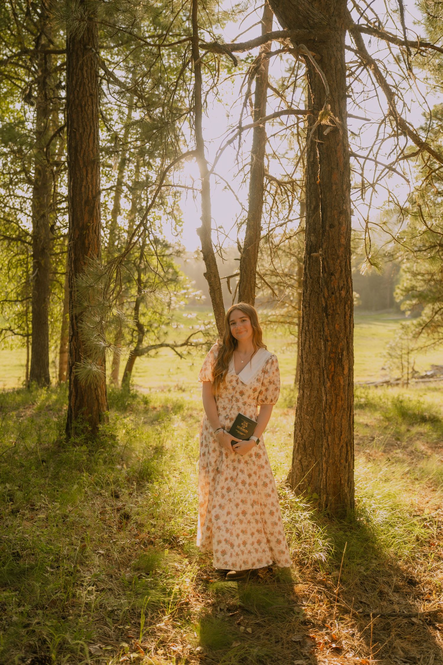 A dreamy forest scene with sunlight filtering through trees as a figure in a floral dress stands among tall pines.