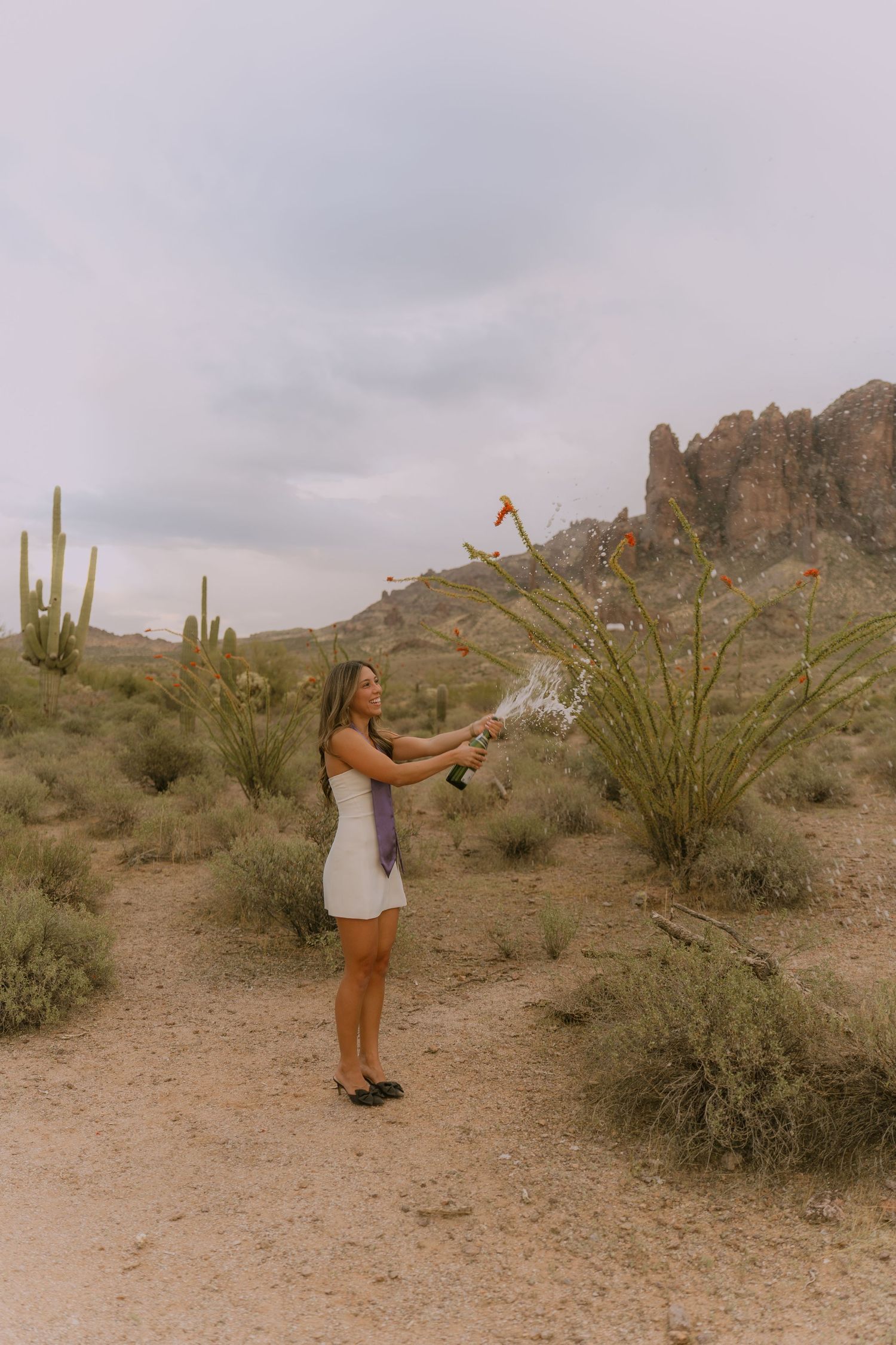 Person in white dress and brown boots poses playfully in desert landscape with saguaro cacti and rocky mountains.