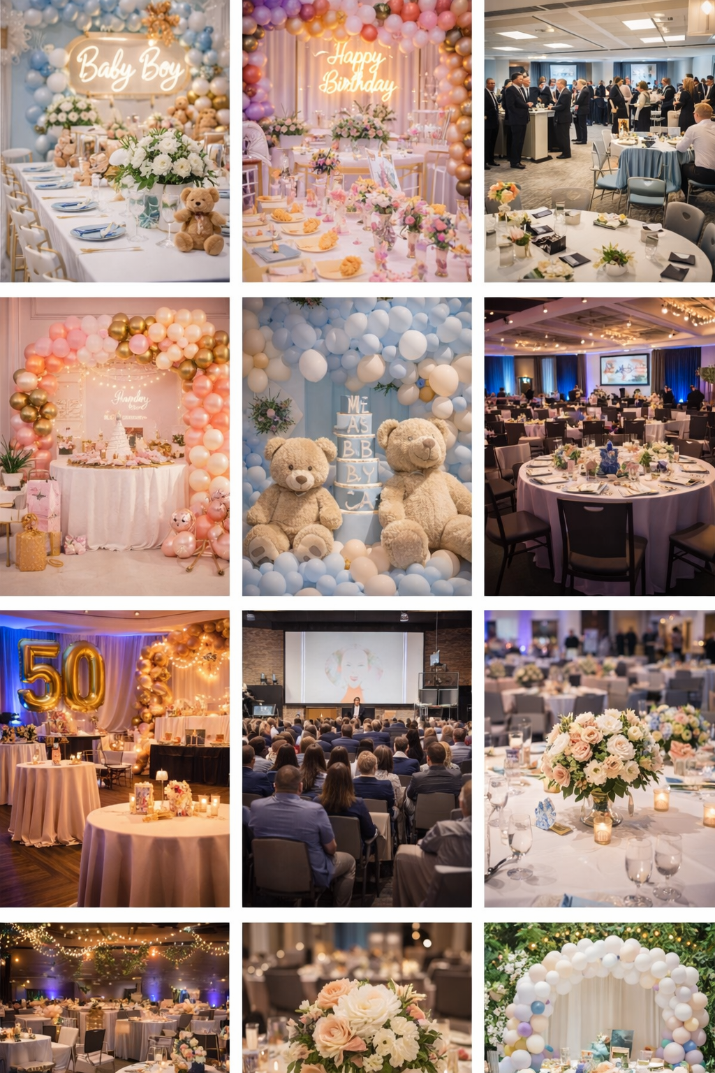 Elegant ballroom wedding reception with blue and pink balloon decor, floral centerpieces, and crystal chandeliers.