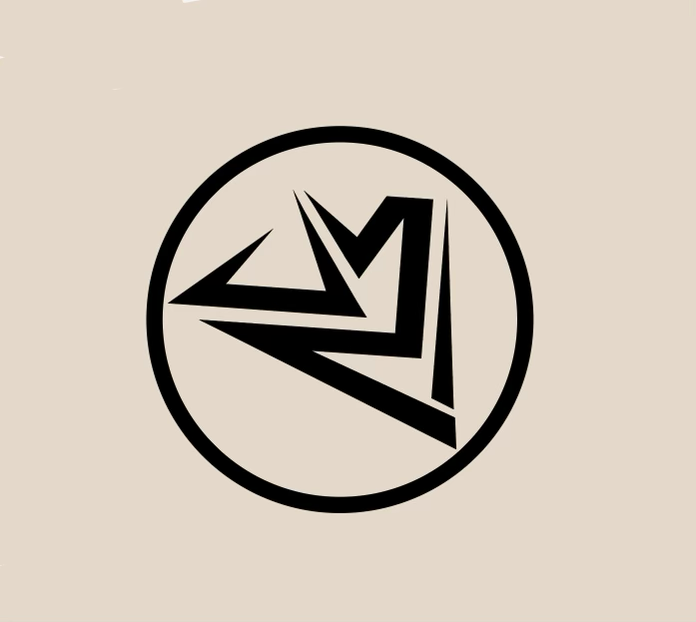 Black geometric arrow and crown logo enclosed in a circle on a beige background.