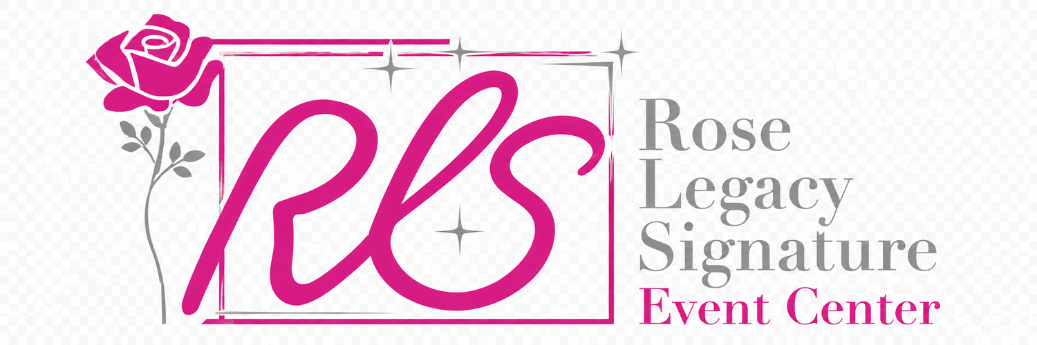 Rose Legacy Signature Event Center logo featuring elegant pink cursive RLS initials with a decorative rose illustration.