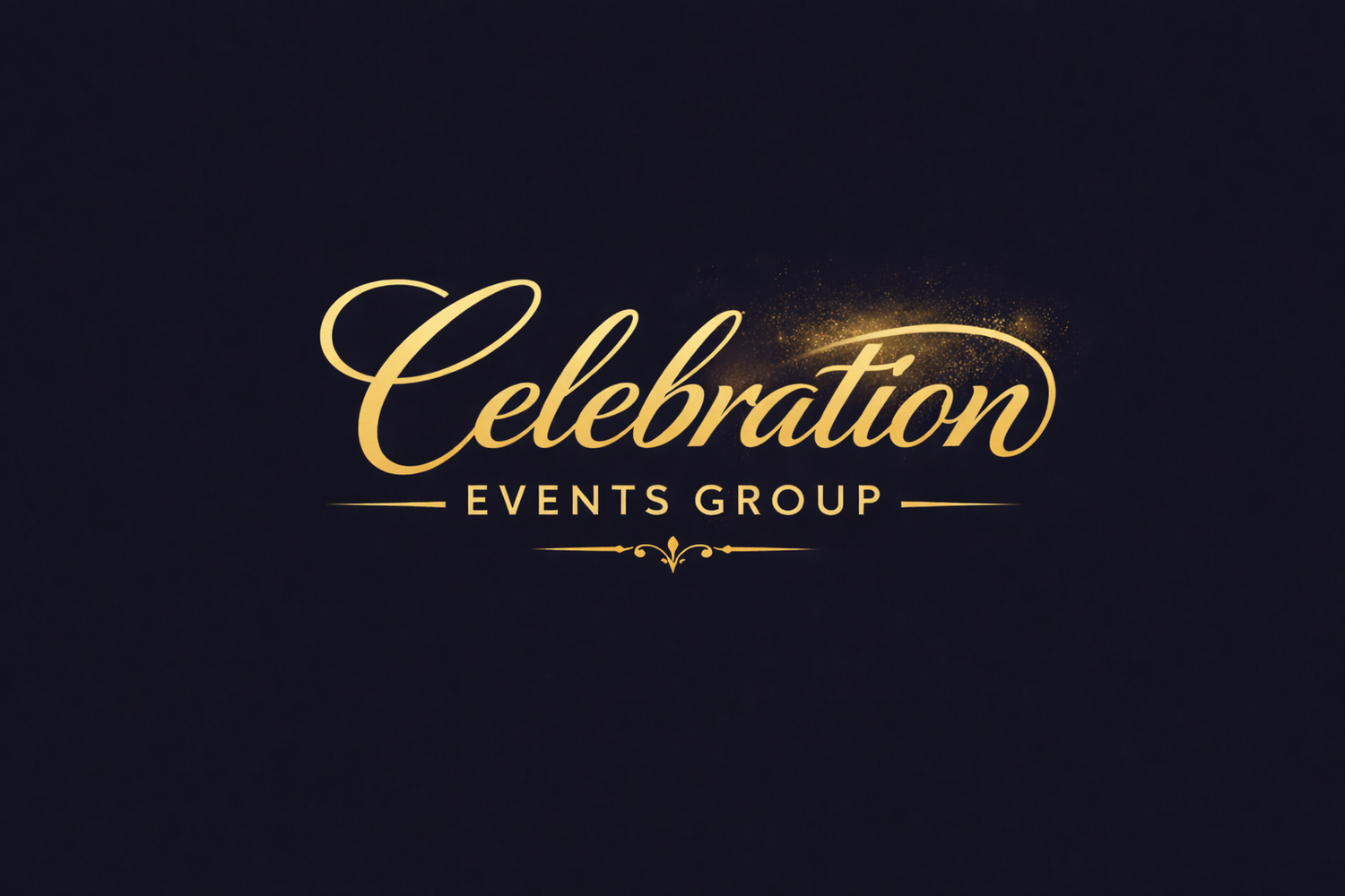 Gold elegant logo for Celebration Events Group on dark navy background with sparkling glitter accent.