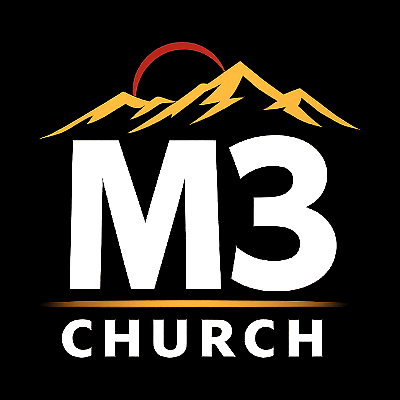 M3 Church logo with golden mountains, red sun, and bold white text on a black background.