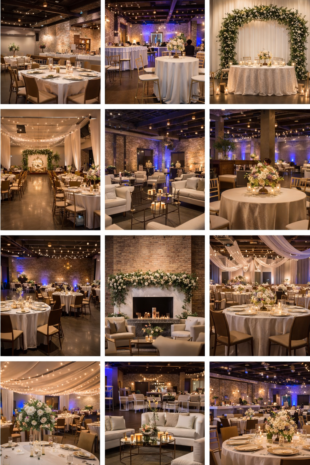 Elegant wedding reception venue with round tables, white linens, floral centerpieces, and romantic string lighting overhead.