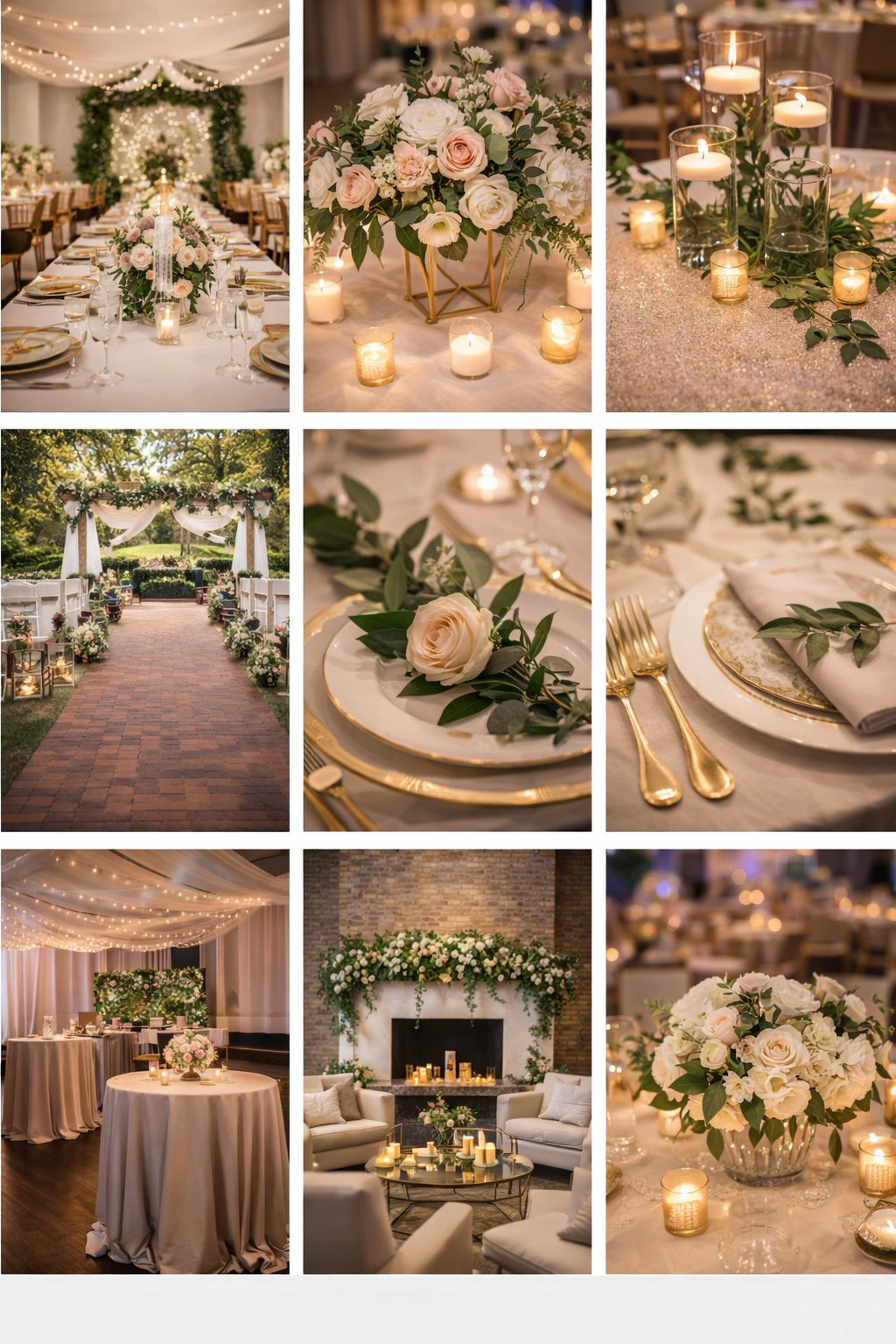Elegant wedding reception decor featuring candlelit tables with lush greenery garlands and white floral centerpieces.