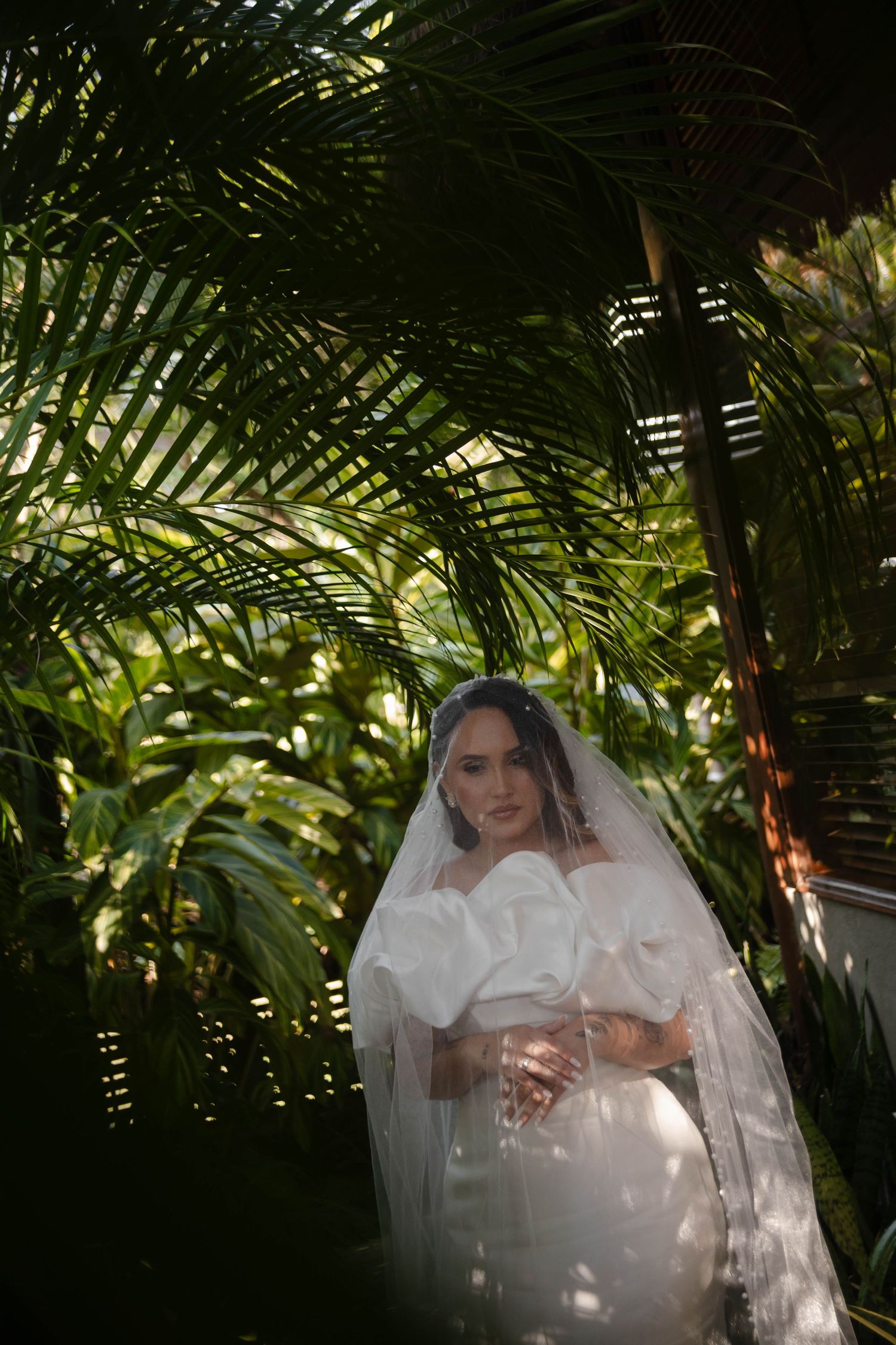 Bridal portrait through tropical palm fronds in natural lighting.