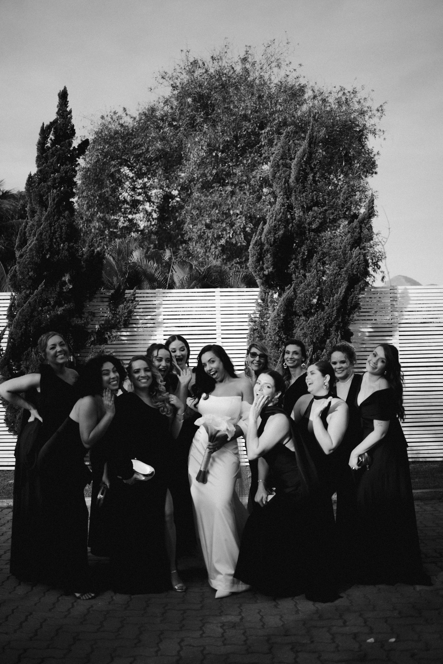 Wedding party in black dresses and white gown pose together outdoors at dusk.