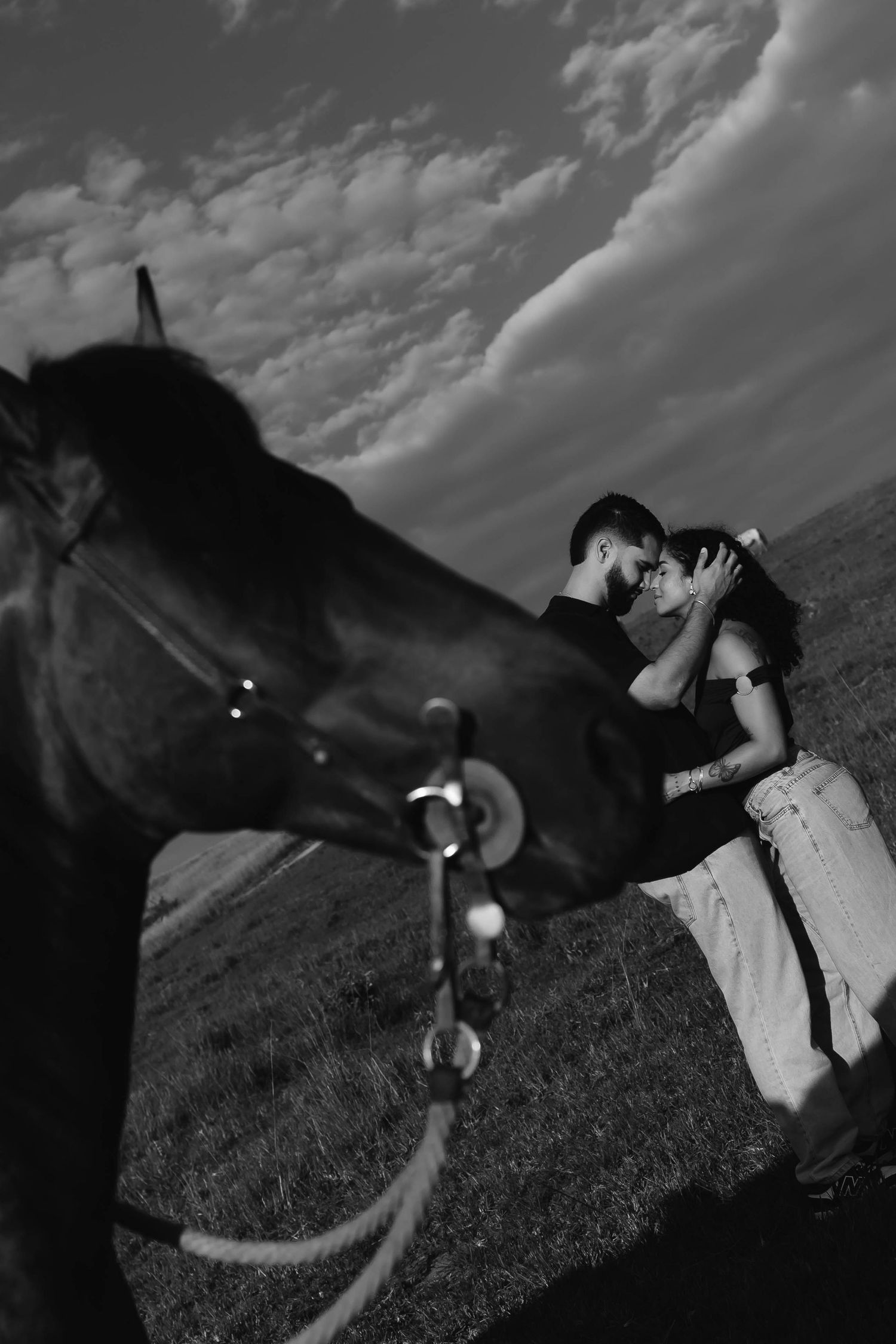 Black and white photo of two people interacting with horses in a field.