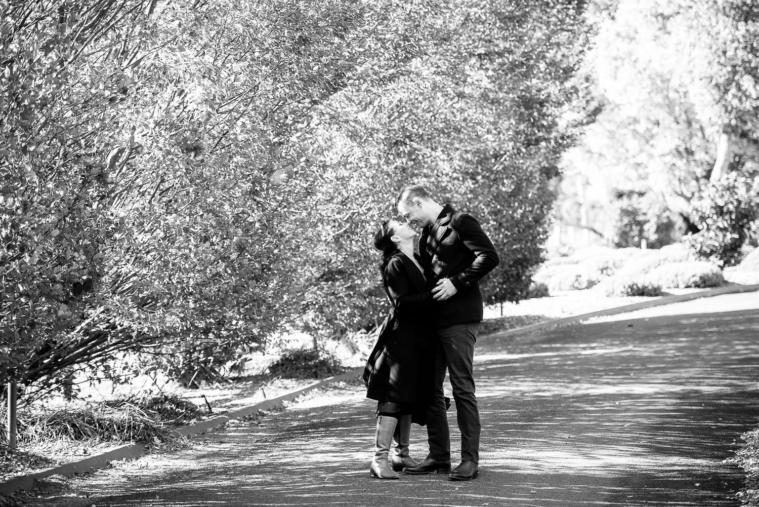 A black and white photo of a couple embracing on a tree-lined path.
