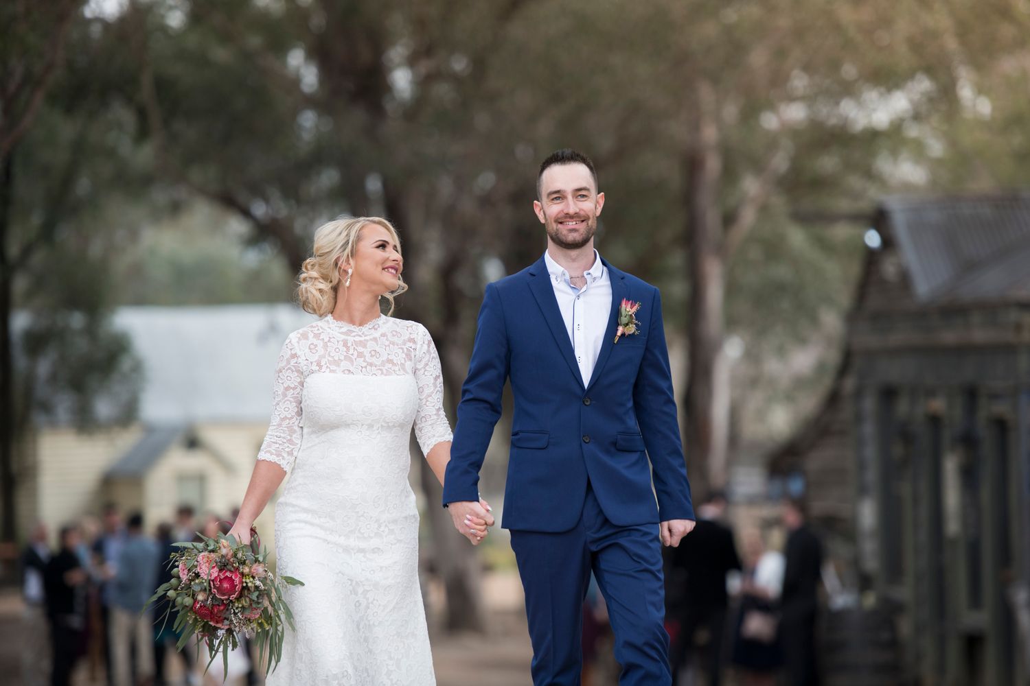 A bride and groom share romantic moments outdoors in multiple wedding photos showing their special day celebrations.