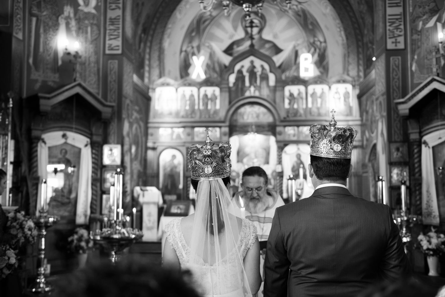 Couple during Russian Orthodox wedding.