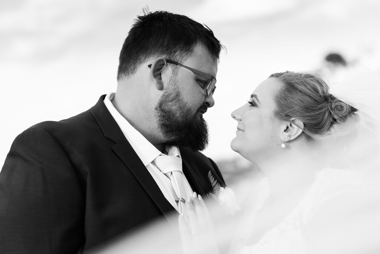 Black and white romantic wedding portrait of a couple gazing at each other through a veil.