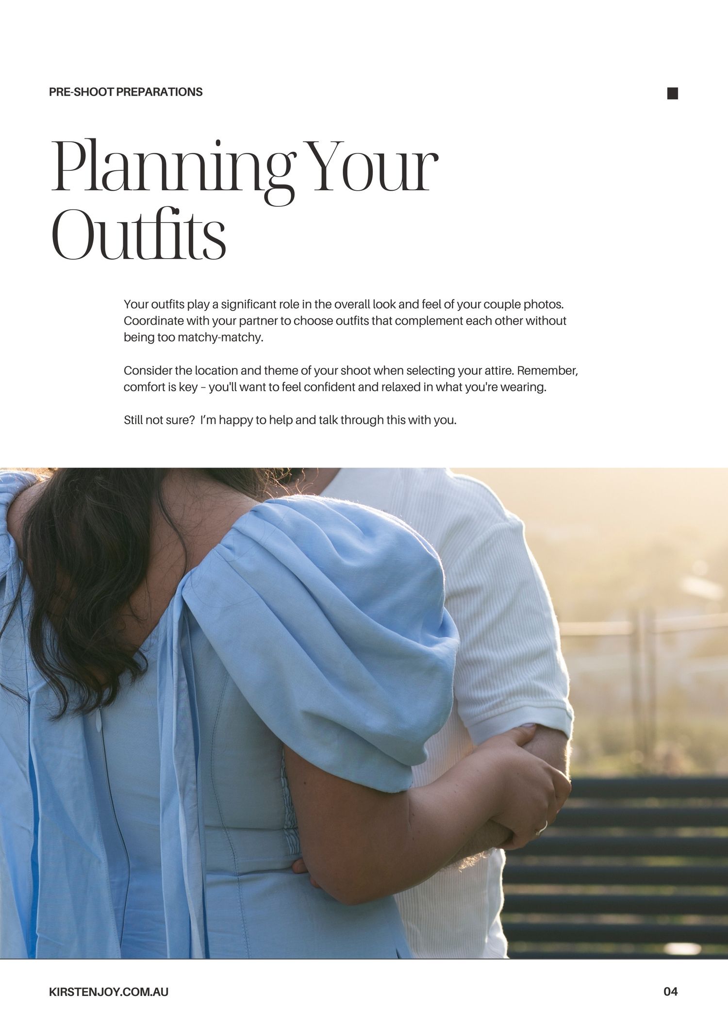 Planning tips for your outfits for your couple photo session.
