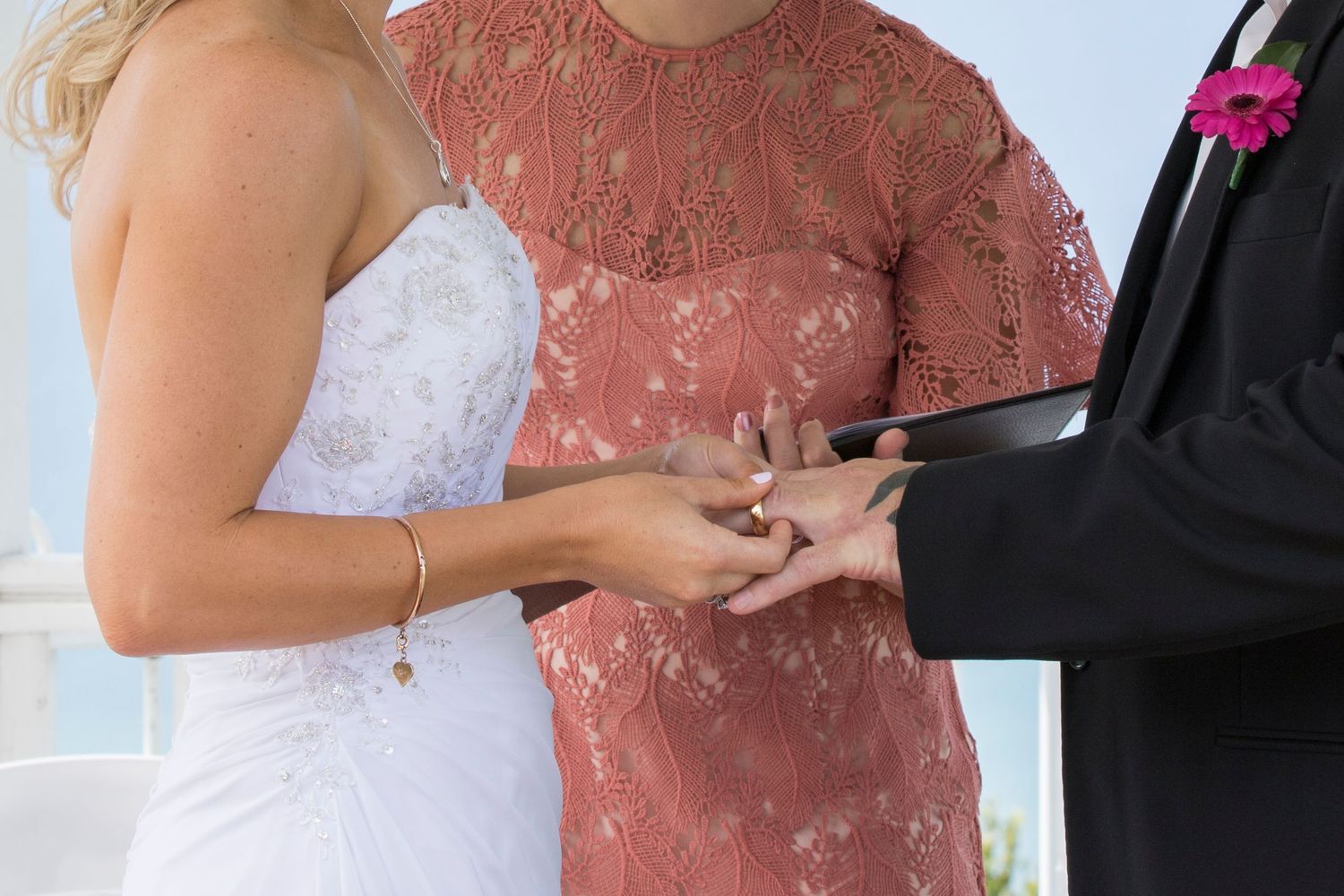 Wedding couple exchange rings on wedding day.