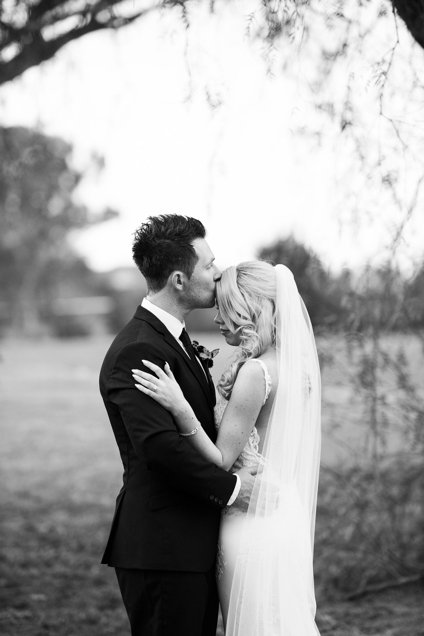 A romantic black and white wedding photo captures a tender kiss between newlyweds under soft natural lighting.