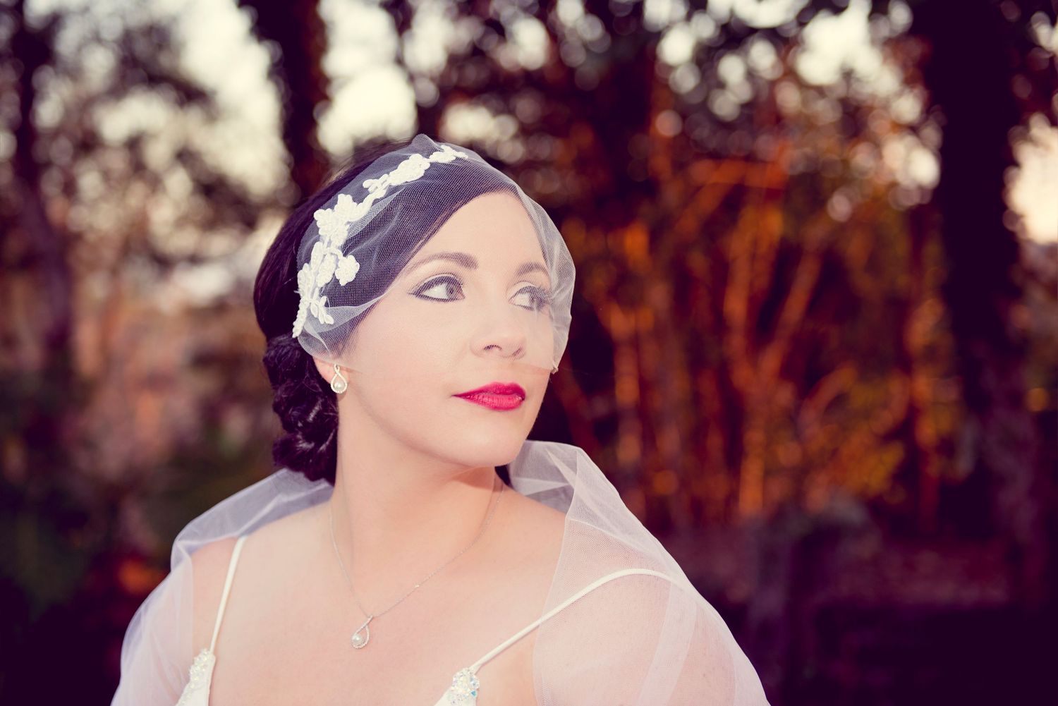 A series of soft, romantic bridal portraits captured outdoors during golden hour with dreamy bokeh effects.