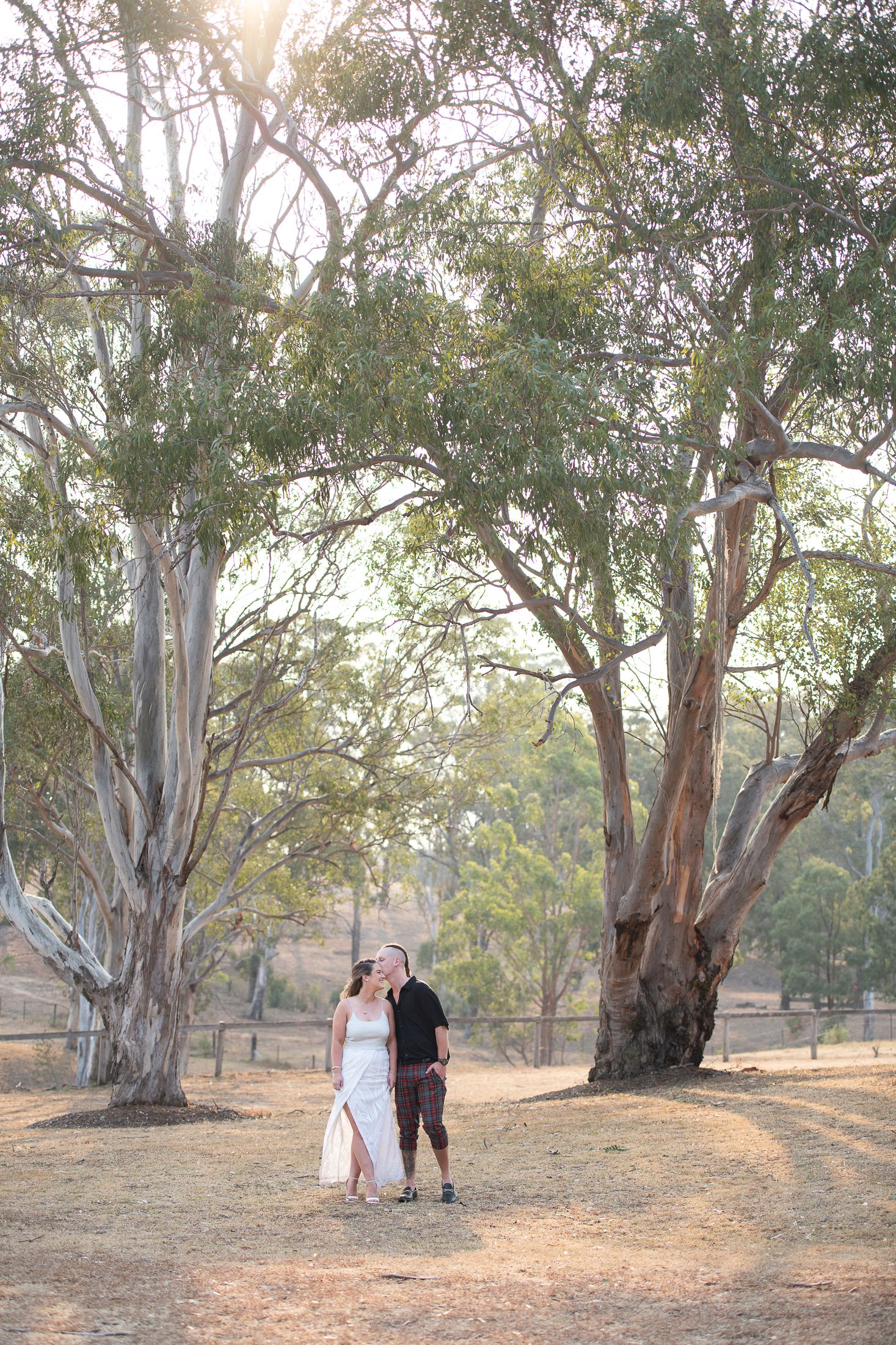 A couple stands together on their wedding day under large eucalyptus trees in a rustic outdoor setting during golden hour.