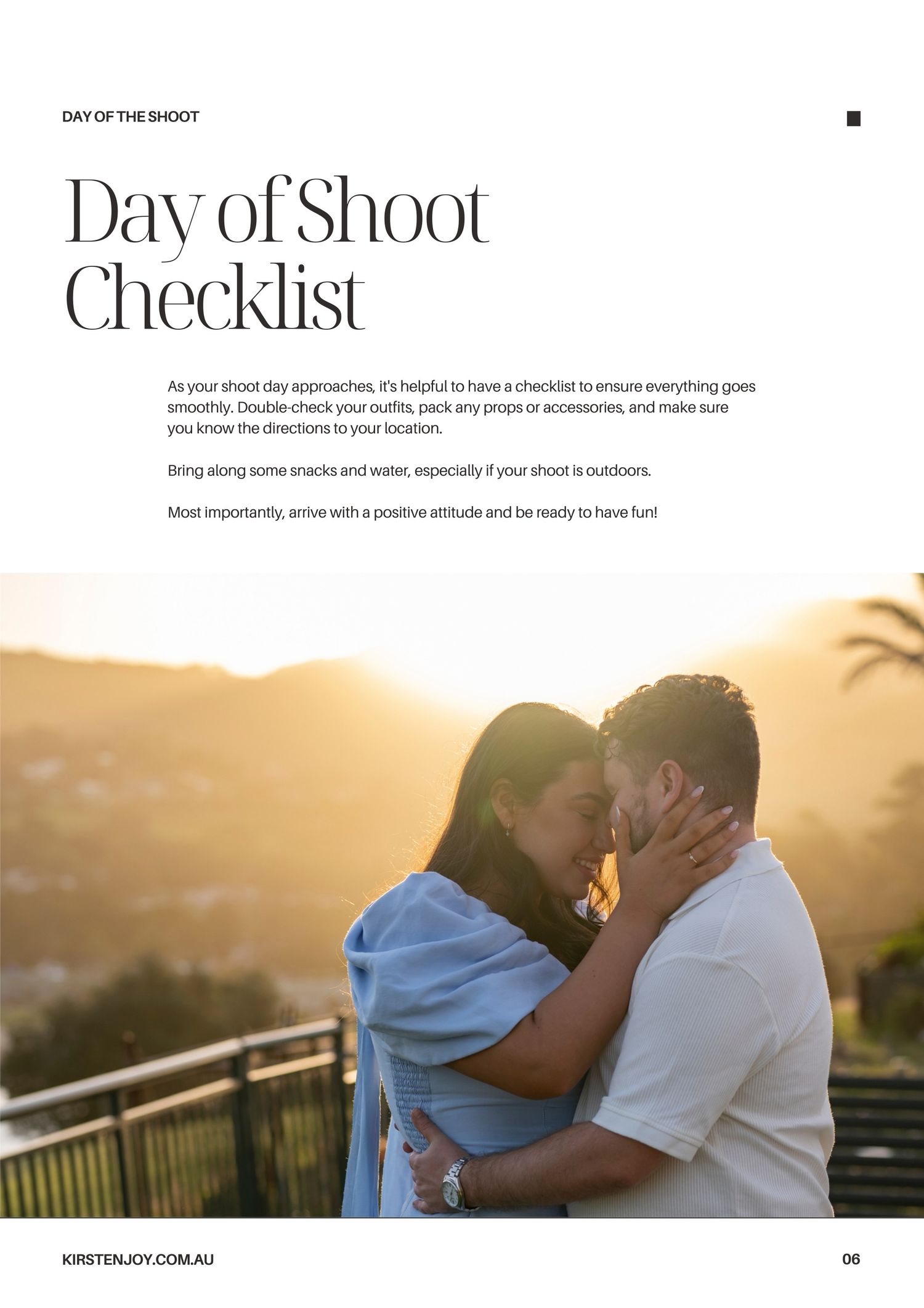 Checklist for the day of your photo couple session.