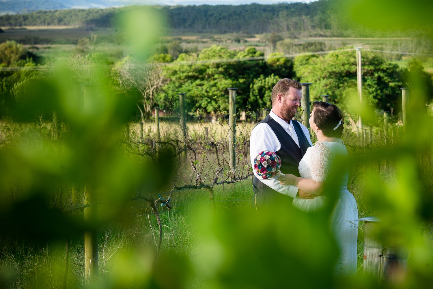 Wedding photography through green vineyard leaves with rolling hills in background.
