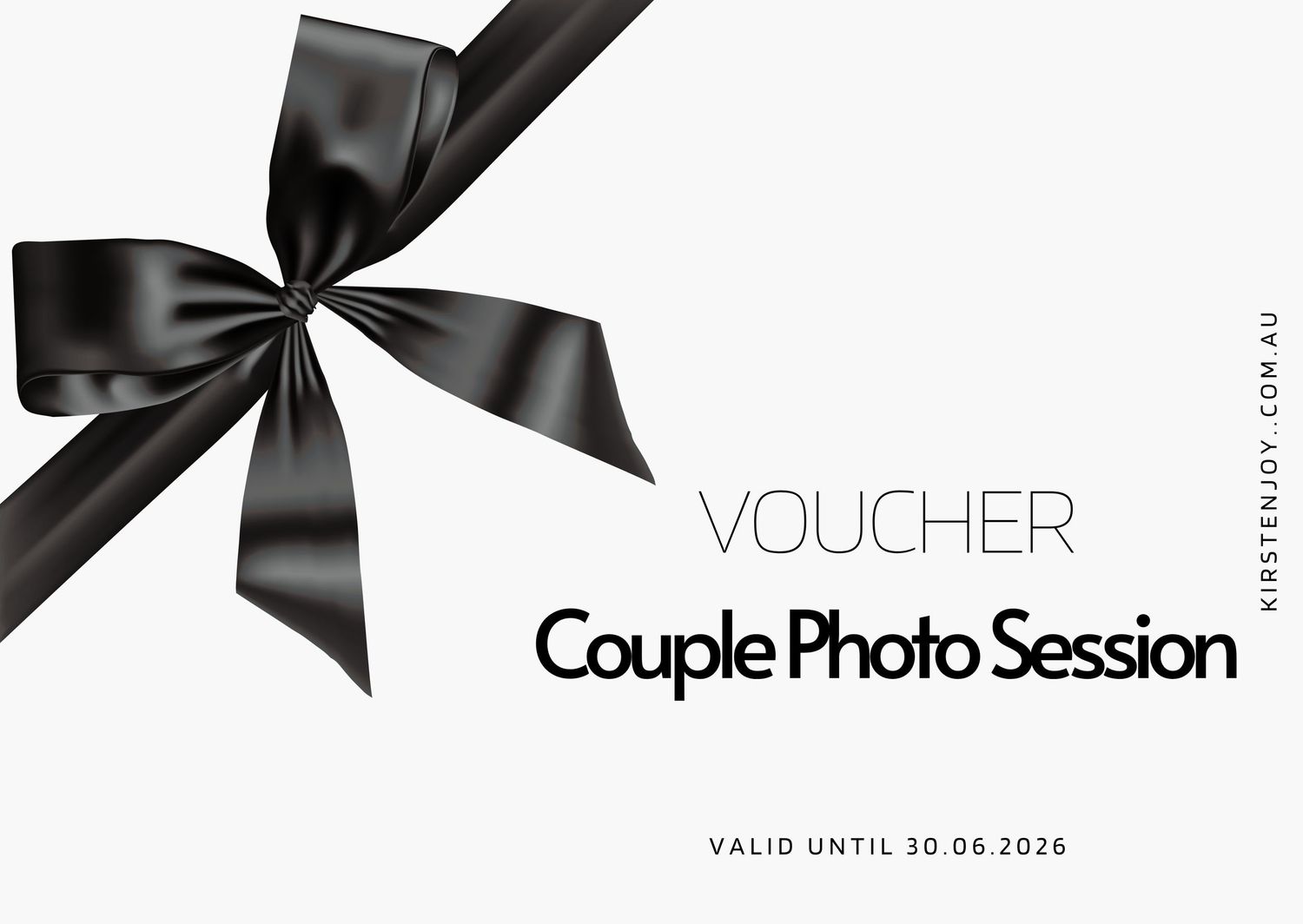 Black ribbon bow decorative elements and text reading 'Couple Photo Session Voucher' on white background.