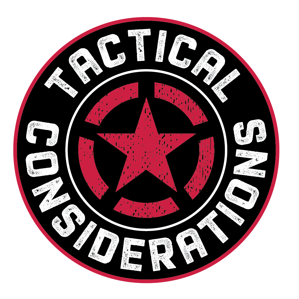 Circular red and black badge design with star icon and Tactical Considerations text.