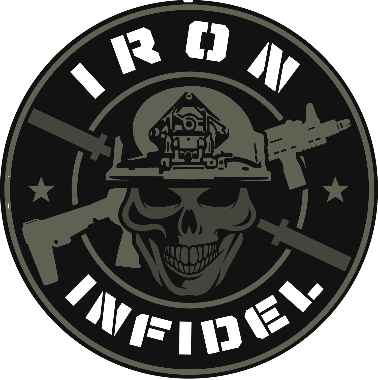 Collection of military-style oval patches featuring skull and weapon designs in grayscale.
