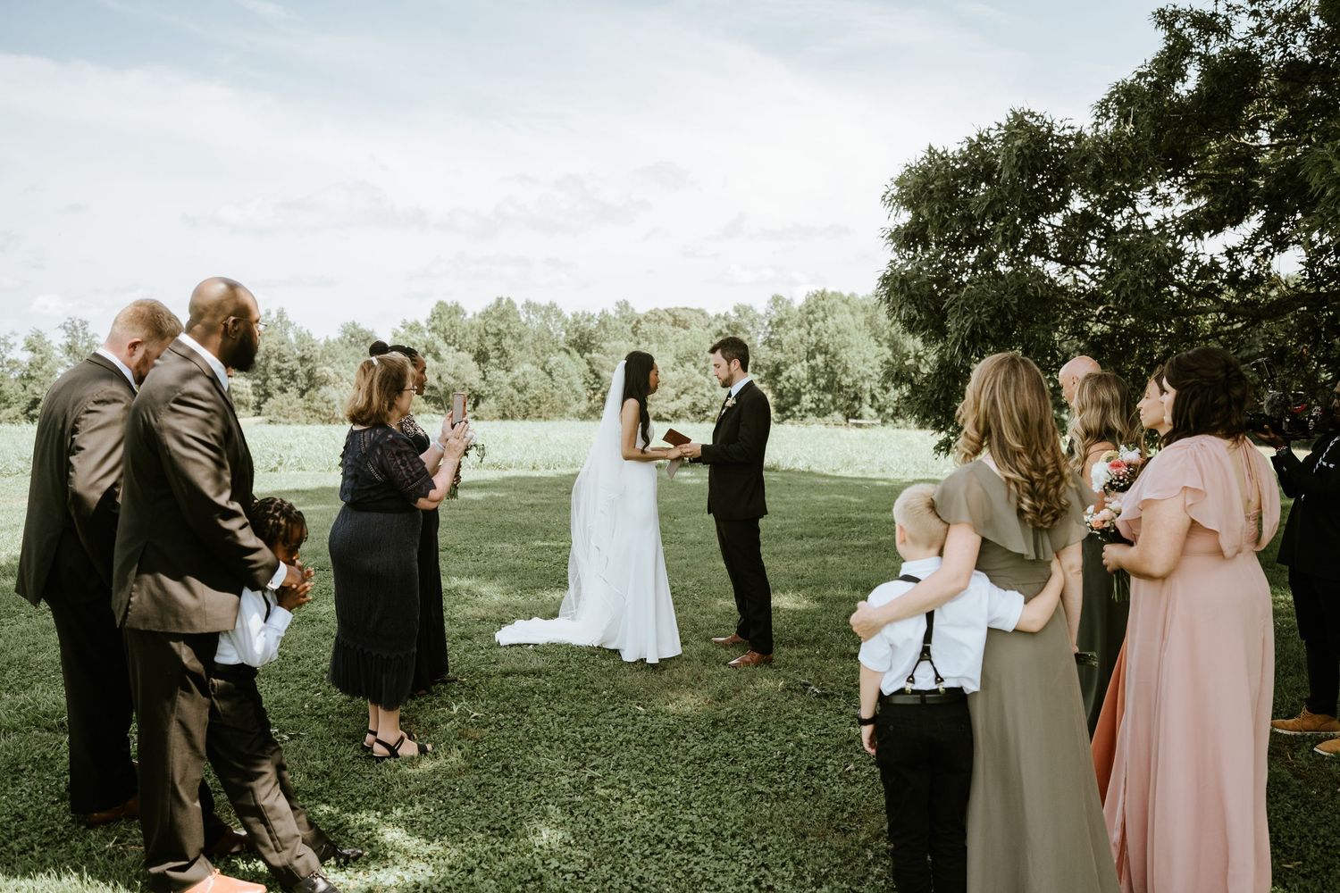A collection of outdoor wedding ceremony photos showing guests and couples in formal attire celebrating on a sunny day.