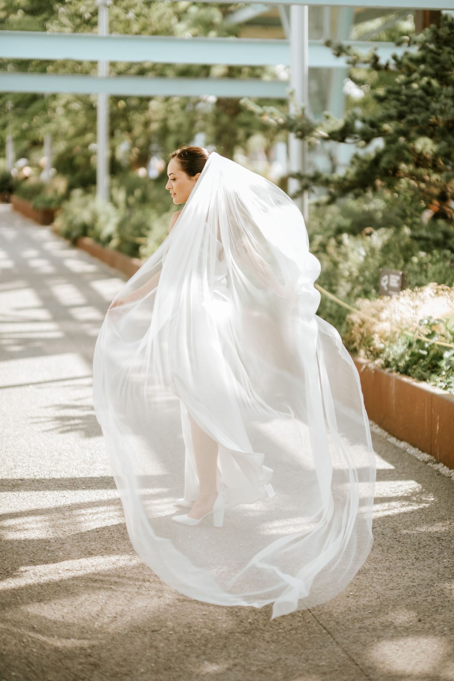 Bride in flowing white wedding dress and veil billowing in the wind outdoors in a sunlit garden walkway.