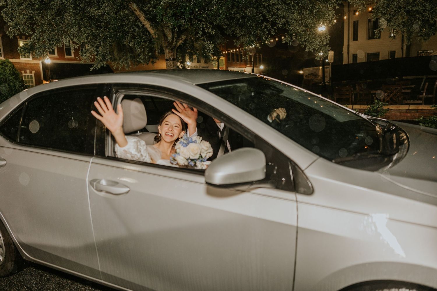 A series of connected photos showing a couple's romantic car date night sequence at dusk.