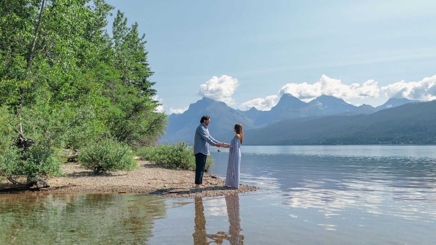 Several images stitched together showing people exploring a tranquil lakeshore with mountains in the background.