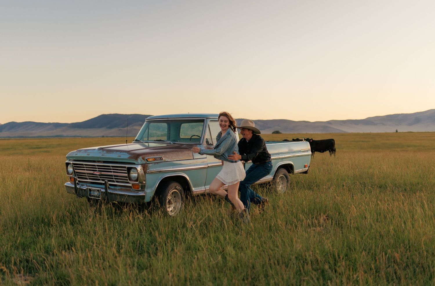 Vintage blue Ford pickup truck sits in expansive prairie field with grazing cattle in distance.