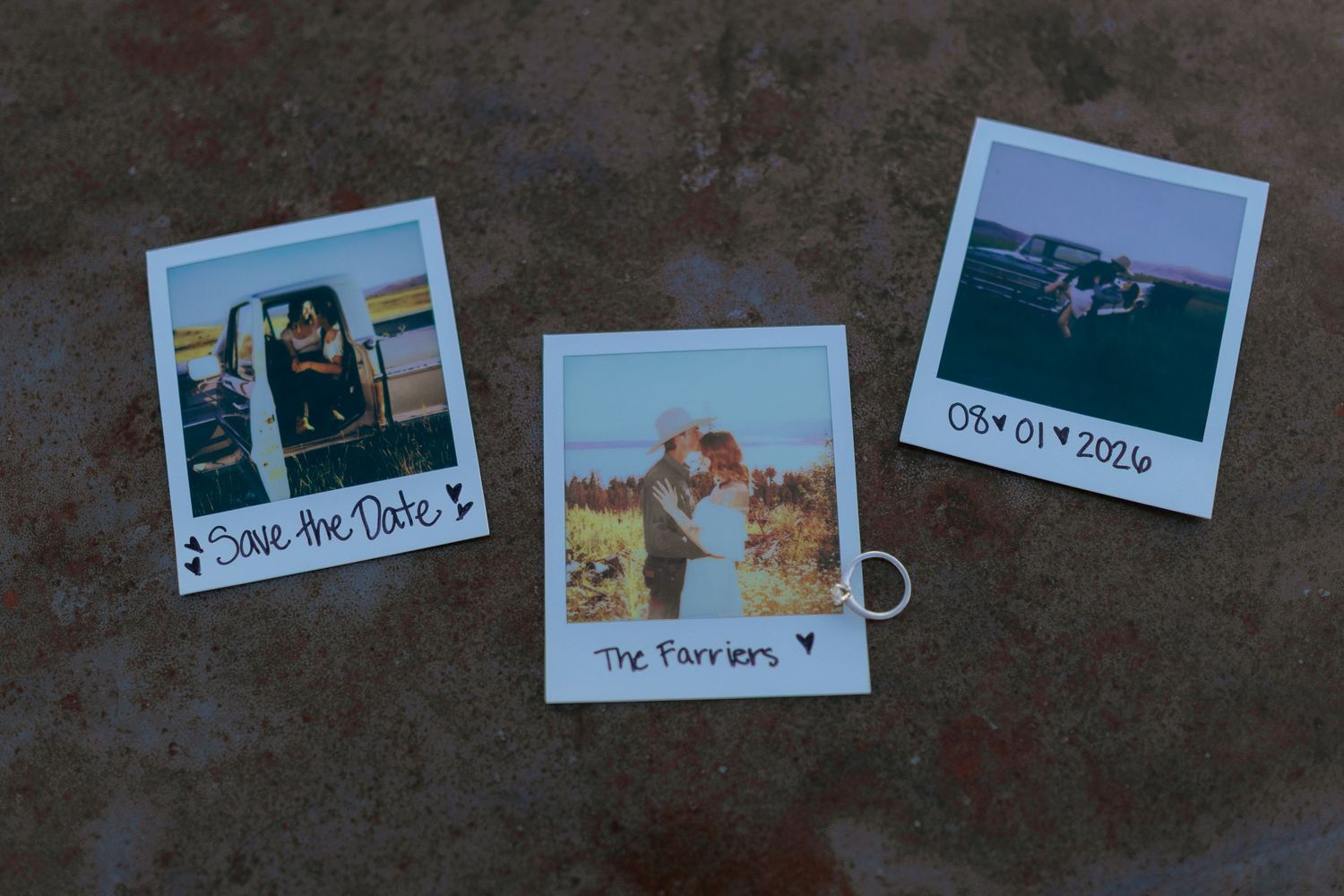 Three vintage-style polaroid photos arranged on a rustic surface showing nostalgic memories.