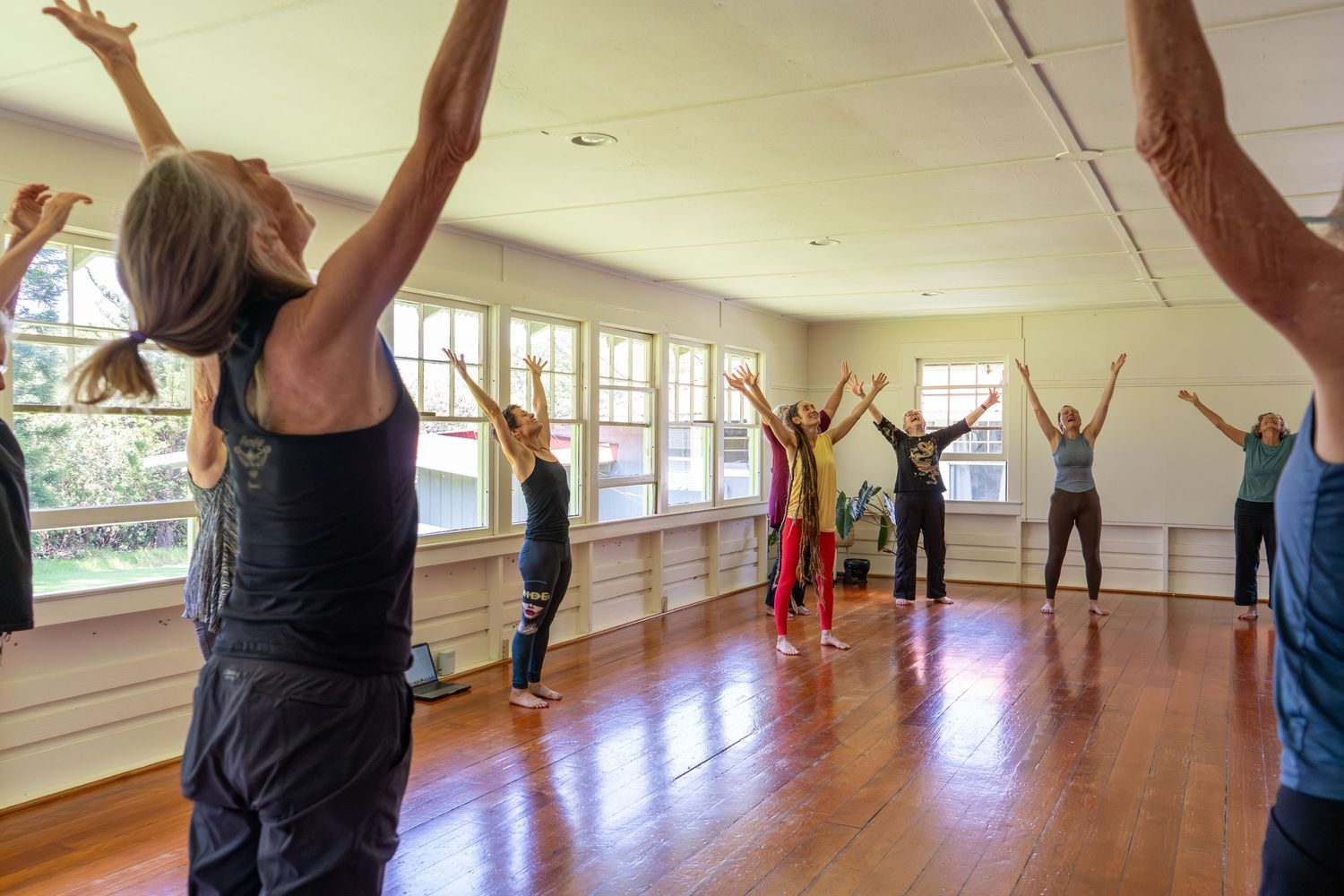 A group of people participate in a yoga or dance class in a bright studio with wooden floors and large windows.